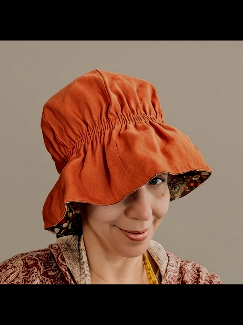 Vintage Sarah Kay Orange Oversized Bonnet Sun Hat with Gathered Crown, One Size